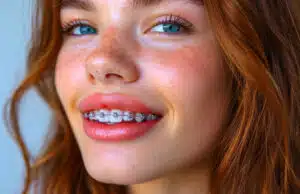 Cute young Asian woman wearing braces is feeling happy with clean fresh skin isolated over cream background. Plastic surgery Face care, Facial treatment, Cosmetology, beauty and spa, Women portrait.