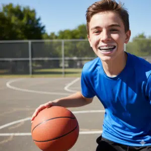 Child wearing a mouthguard with braces while playing basketball to protect teeth and braces