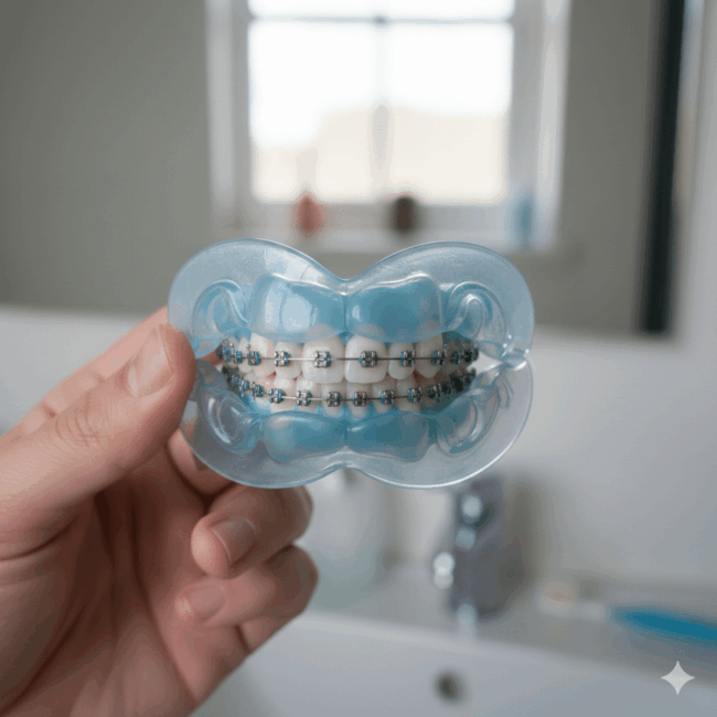 Close-up of braces covered by a clear orthodontic mouthguard for protection during sports