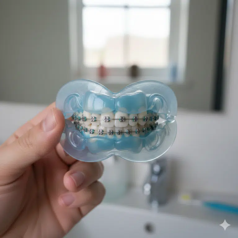 Close-up of braces covered by a clear orthodontic mouthguard for protection during sports