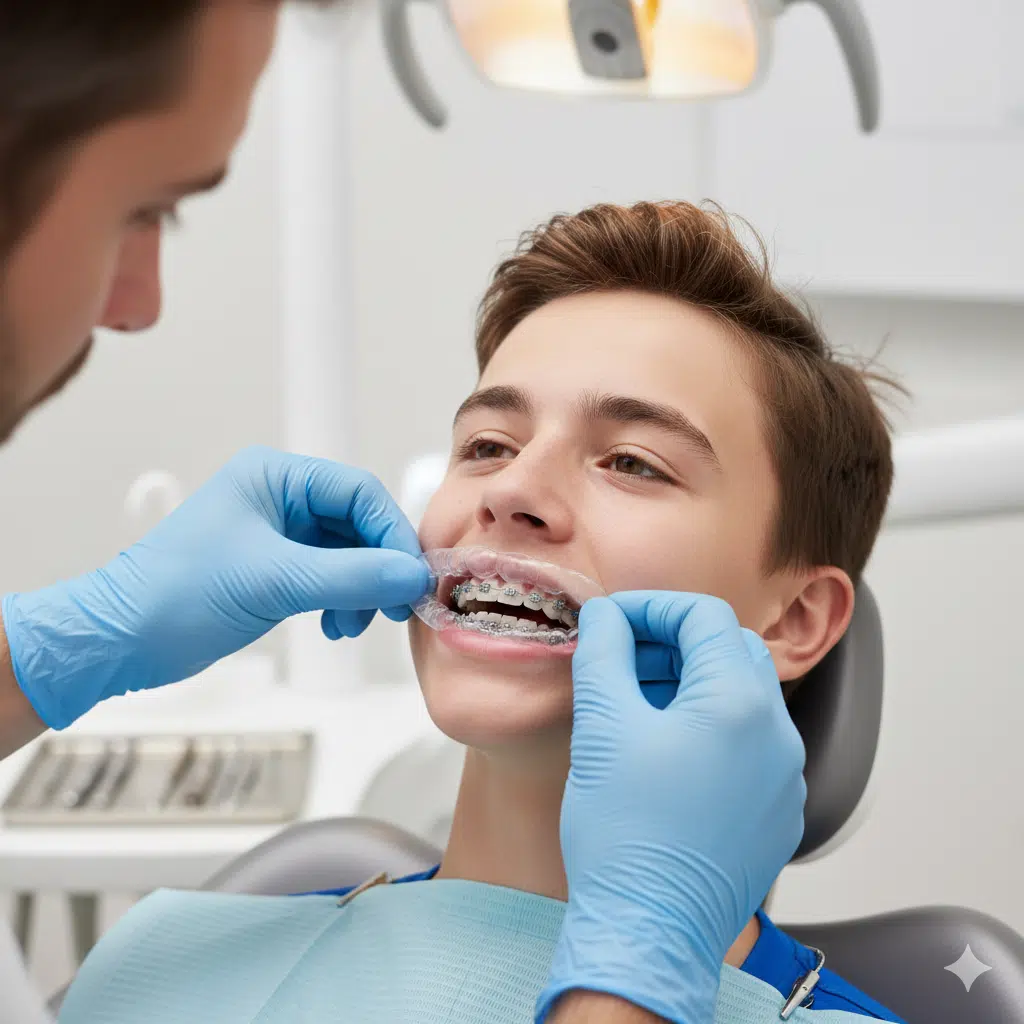 Orthodontist fitting a custom mouthguard on a patient with braces in a dental clinic